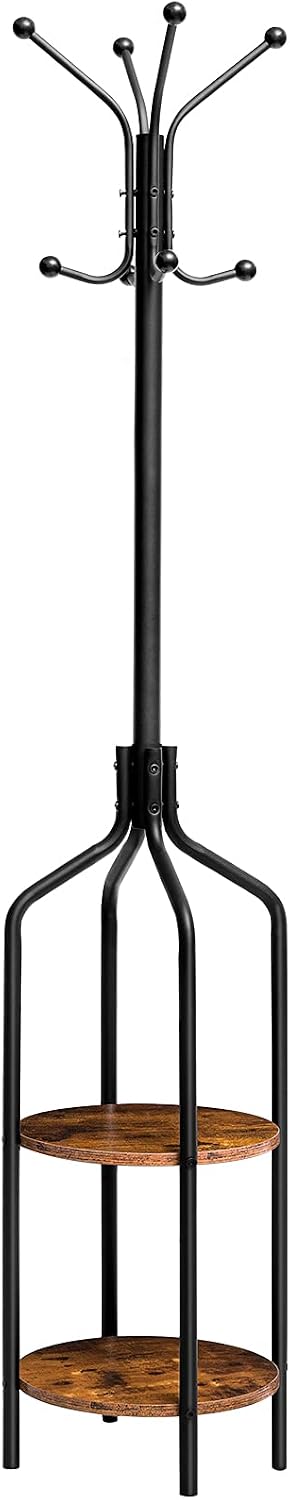 Signature Home Industriële Kapstok Staand – Kledingrek 183 cm Hoog met 8 Haken & 2 Ronde Opbergplanken – Metalen Garderoberek voor Jassen, Hoeden, Sjaals & Tassen – Stevig Stalen Frame – Zwart