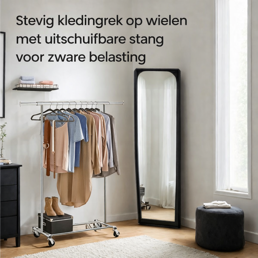 Signature Home Heavy Duty Kledingrek met Wielen – Uitschuifbaar Garderoberek – Verstelbare Kledingstang