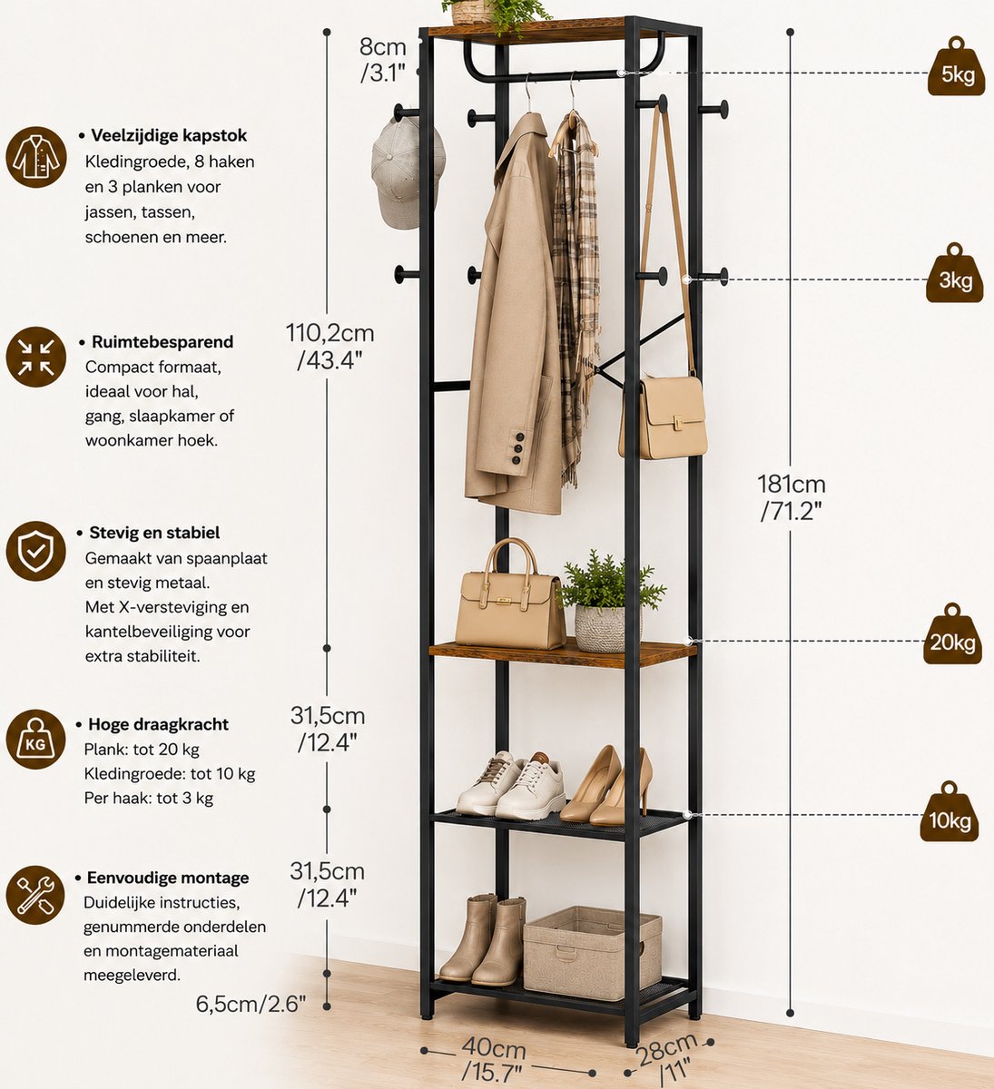 Signature Home Kapstok met Schoenenrek – 6-in-1 Garderoberek met Kledingroede, Haken, Schoenenbank & Opbergrekken – Vintage Bruin/Zwart - 30 x 40 x 180 cm