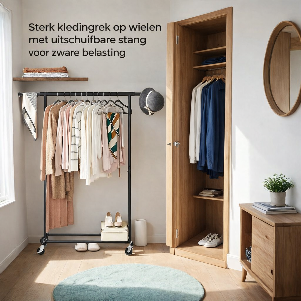 Signature Home Heavy Duty Kledingrek met Wielen – Uitschuifbaar Garderoberek – Sterke Metalen Kledingstang