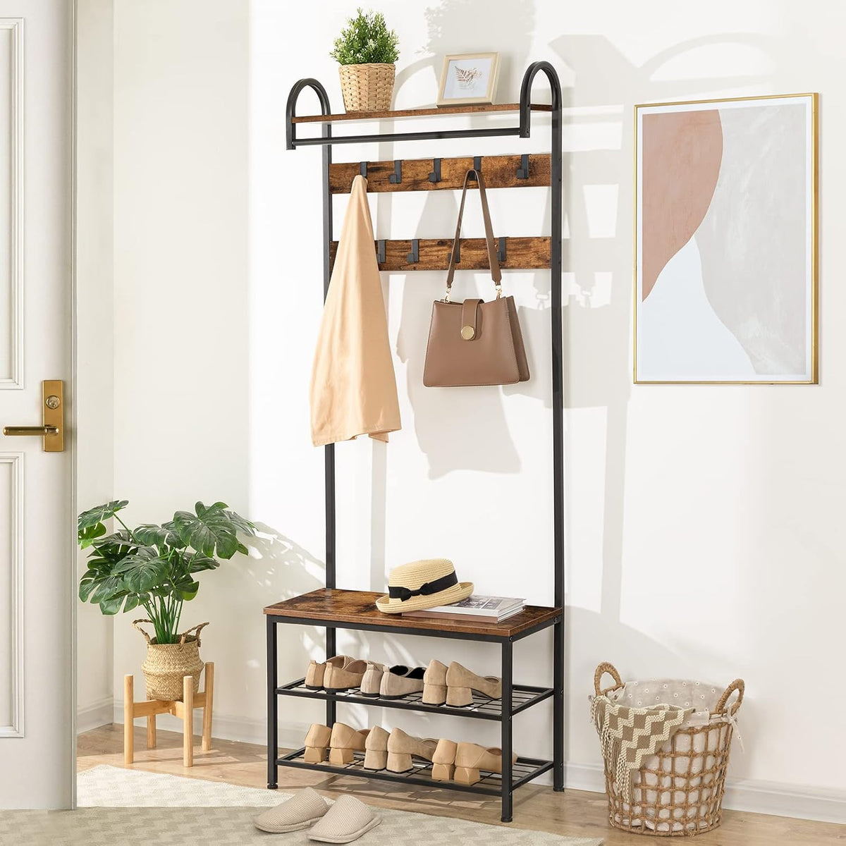 Signature Home Kapstok met Schoenenrek en Zitbank – Garderoberek met 9 Haken en Kledingstang – Staande Kapstok met Schoenenbank – Metalen Frame – 182 cm Hoog – Voor Hal, Gang en Slaapkamer – Vintage Bruin/Zwart