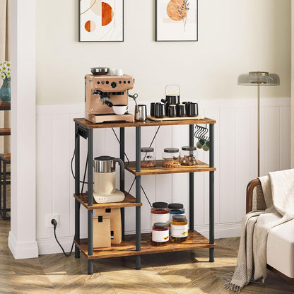 Signature Home Keukenrek met Stopcontacten – Staand Magnetronrek 38 x 80 x 86 cm – Bakkersrek met 5 S-Haken – Opbergrek voor Keuken met Werkblad – Vintage Bruin/Zwart