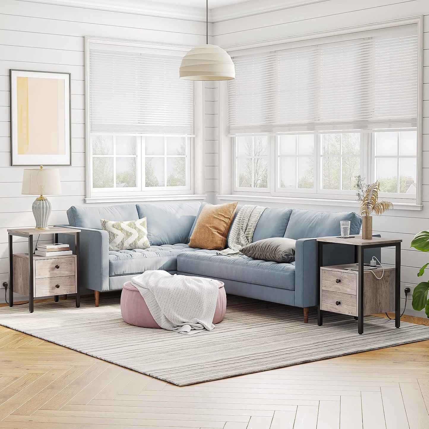 Signature Home Nachtkastje met Stopcontacten en USB-Poorten – Bijzettafel met Lade en Opbergplank – Smalle Sidetable & Salontafel met Oplaadstation – Ruimtebesparend voor Slaapkamer en Woonkamer – Eenvoudig te Monteren