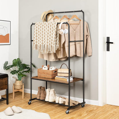 Signature Home Kledingrek op Wielen – Verrijdbaar Garderoberek met 2 Kledingstangen en Opbergplank – Zwaar Belastbaar Kledingrek tot 100 kg – Industrieel Kapstokrek voor Slaapkamer, Hal en Garderobe – Donker