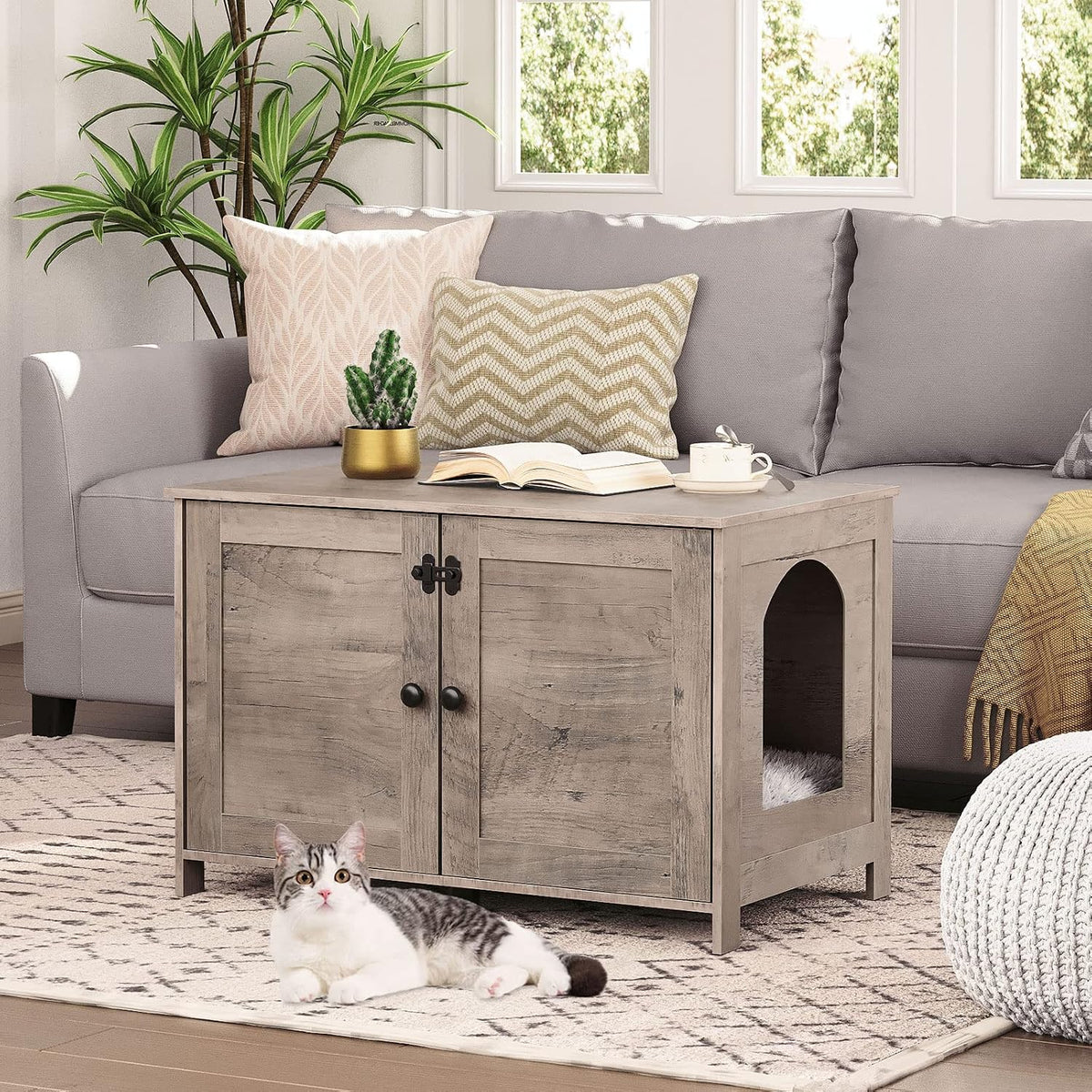 Signature Home Kattenbak Meubel met Deur en Scheidingswand – Kattenbak Kast & Kattenhuis – Stevige Kattenkast met Opbergruimte – Kattenbak Ombouw, Opbergbank & Nachtkastje – Greige