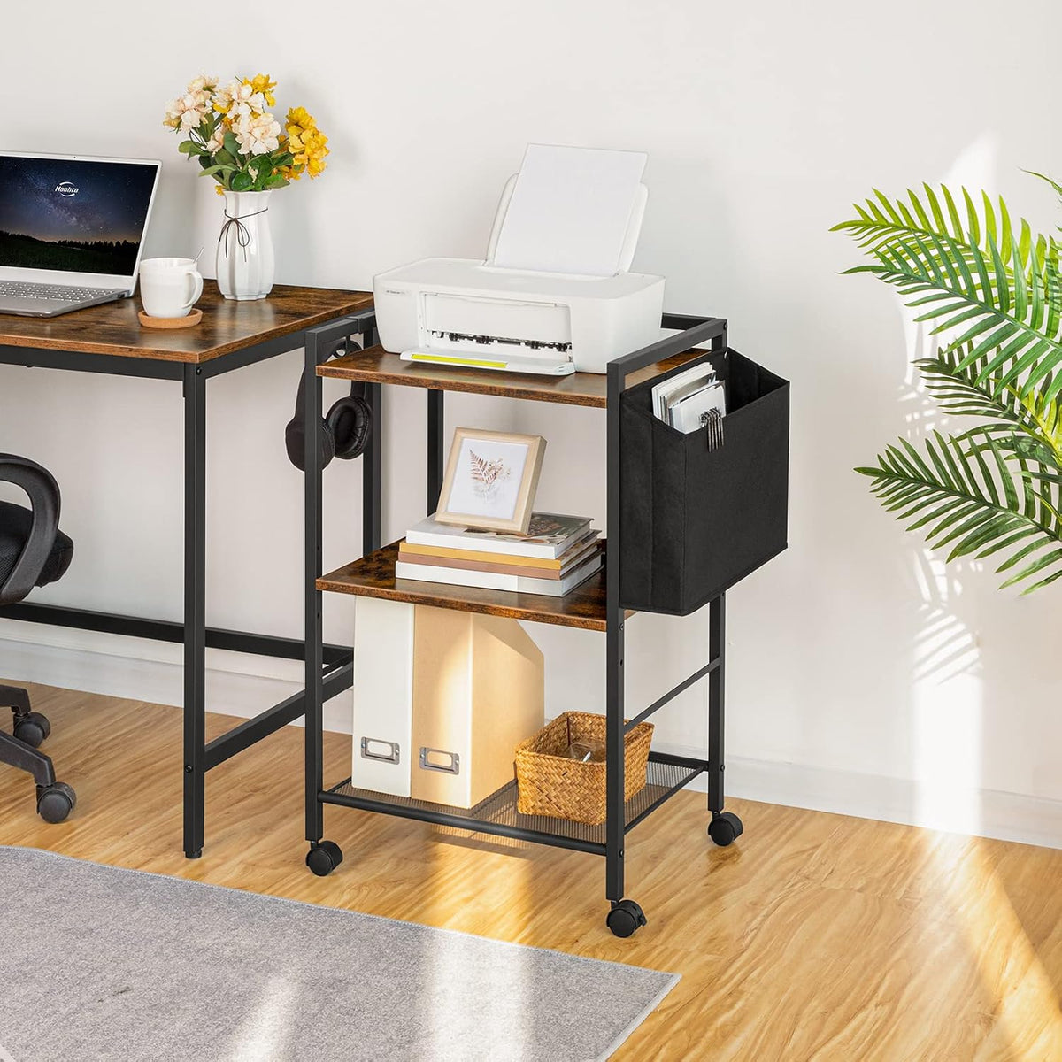Signature Home Printertafel op Wielen – Verrijdbare Printerstandaard met 3 Niveaus – Printerkast met Verstelbare Planken en Documentenmand – Mobiele Printerwagen met Opbergruimte voor Kantoor en Thuis – 52 x 40 x 80,5 cm