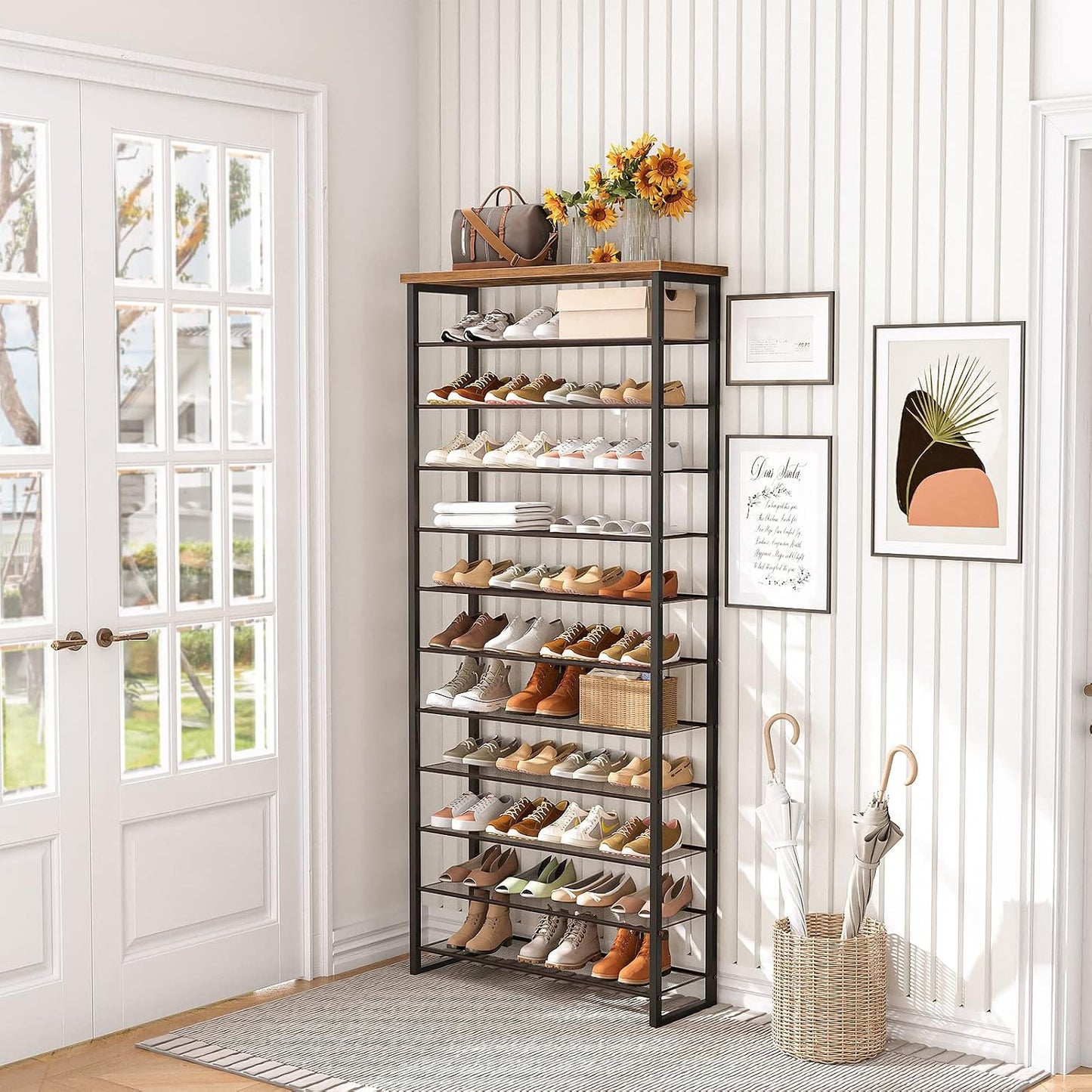 Signature Home Groot Schoenenrek 12-Laags voor 35-45 Paar Schoenen – Hoge Schoenenkast met Metalen Frame, Industriële Stijl, Vintage Bruin/Zwart voor Hal, Woonkamer en Slaapkamer