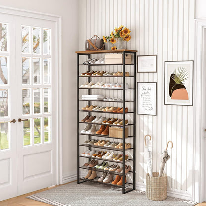 Signature Home Groot Schoenenrek 12-Laags voor 35-45 Paar Schoenen – Hoge Schoenenkast met Metalen Frame, Industriële Stijl, Vintage Bruin/Zwart voor Hal, Woonkamer en Slaapkamer