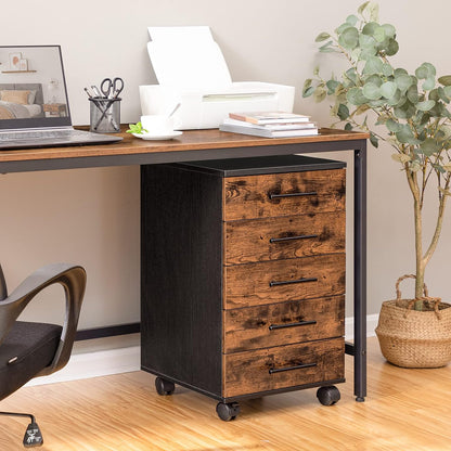 Signature Home Archiefkast met 5 Laden – Verrijdbare Rolcontainer – Houten Ladekast voor Kantoor – Opbergkast met Metalen Frame – Industriële Stijl – Eenvoudige Montage – Vintage Donkerbruin/Zwart