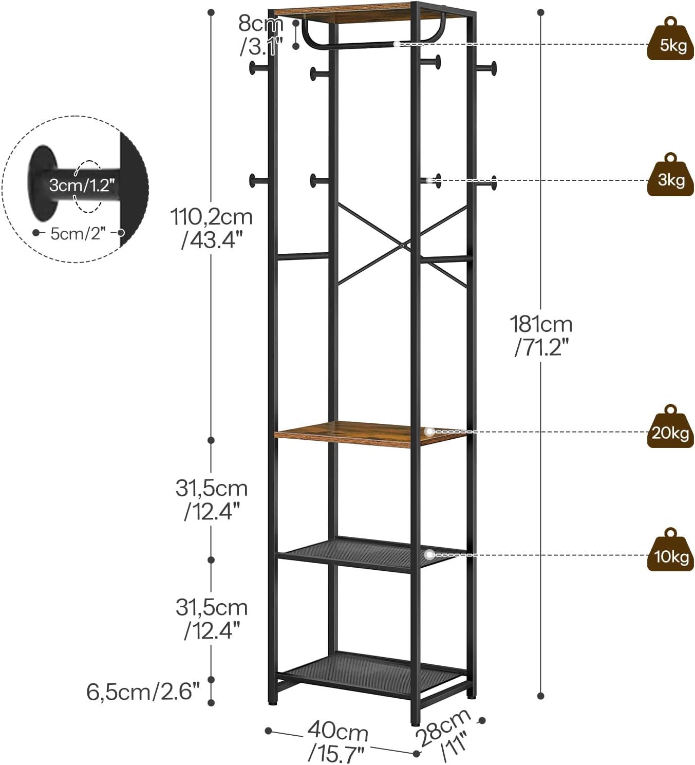 Signature Home Kapstok met Schoenenrek – Multifunctioneel Kledingrek met Schoenenopberger en Opbergrekken – Vintage Bruin/Zwart