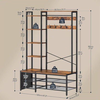 Signature Home Kapstok met schoenenrek en zitbank, 9 dubbele haken, 2 zijhaken, 5 planken en zijvak, voor hal, slaapkamer, woonkamer, zwart en vintage bruin