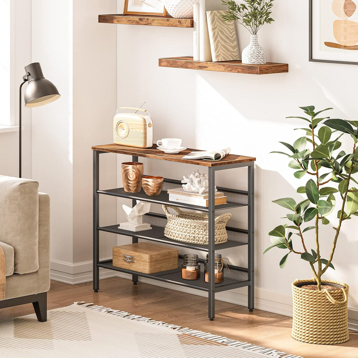 Signature Home 4-Laags Schoenenrek met 3 Verstelbare Roosterplanken – Plat of Schuin Plaatsbaar Schoenenrek – Stevig Industrieel Opbergrek voor Hal, Entree en Slaapkamer – Vintage Bruin