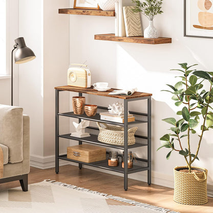 Signature Home 4-Laags Schoenenrek met 3 Verstelbare Roosterplanken – Plat of Schuin Plaatsbaar Schoenenrek – Stevig Industrieel Opbergrek voor Hal, Entree en Slaapkamer – Vintage Bruin