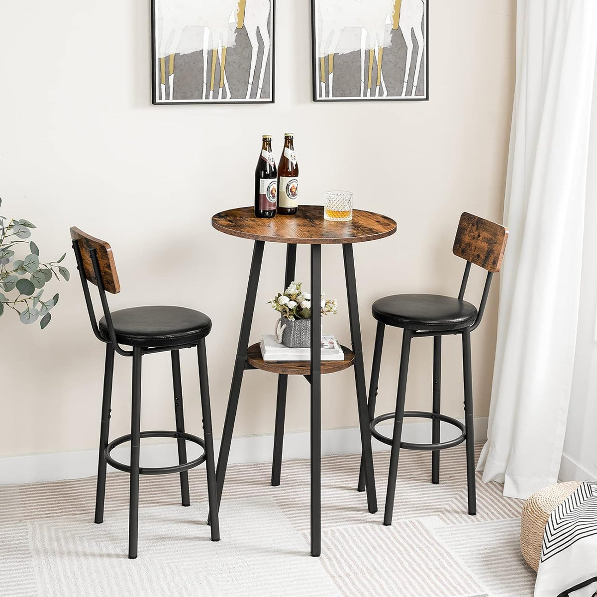 Signature Home Bartafel met 2 Ronde Tafelbladen – Hoge Bistrotafel – Smalle Statafel en Cafétafel – Compacte Bartafel voor Keuken, Woonkamer en Bar – Industrieel Design – Vintage Bruin/Zwart
