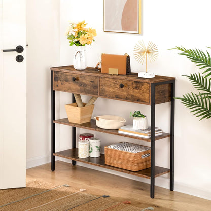Signature Home Console Tafel met Lade en 2 Opbergplanken – Smalle Haltafel/Sidetable met Stevig Metalen Frame – 100 x 24 x 80 cm – voor Entree, Gang en Woonkamer – Vintage Bruin/Zwart