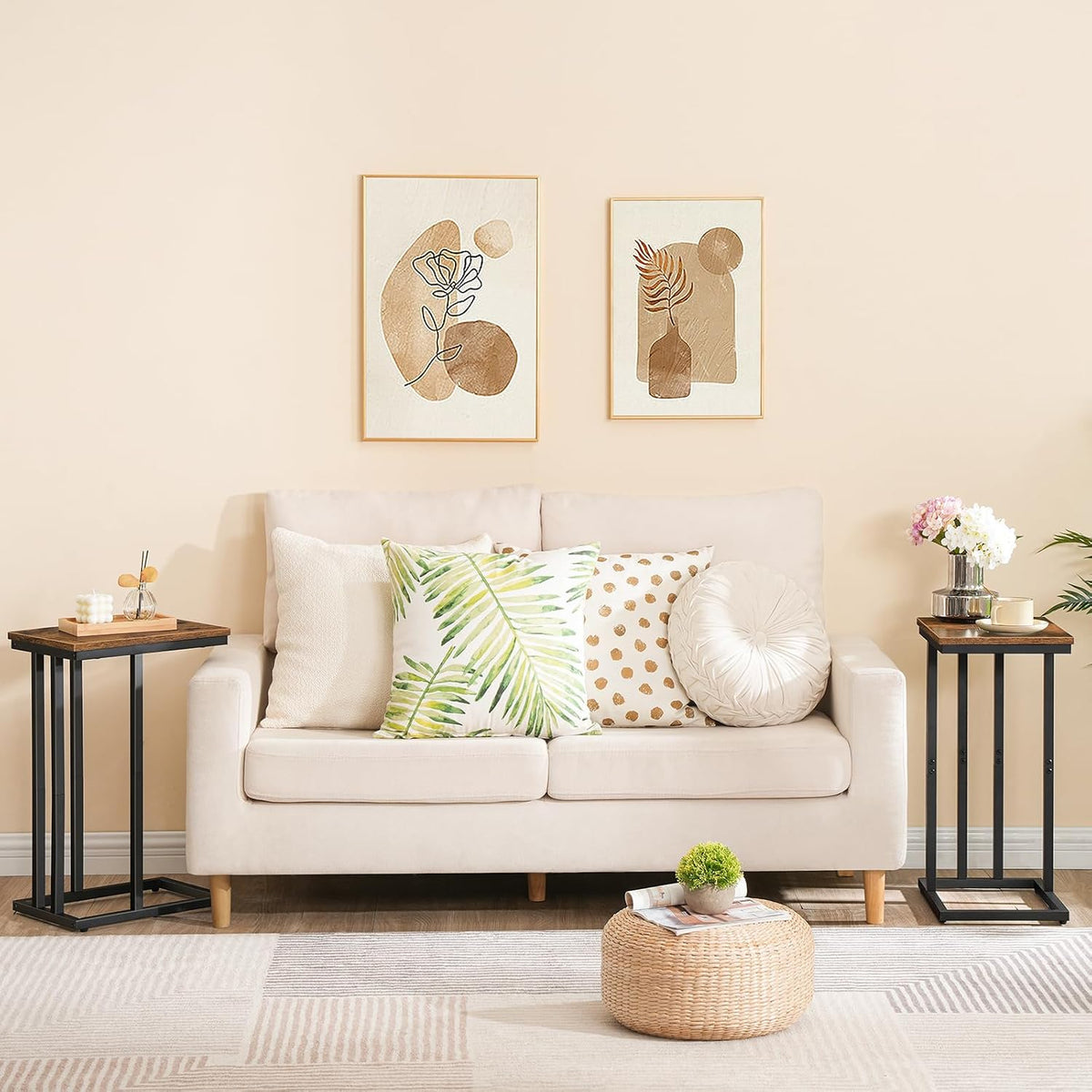 Signature Home C-Vormige Bijzettafel – Smalle Hoge Sofa Tafel – Laptoptafel voor Bank – Compacte Salontafel voor Kleine Ruimtes, Woonkamer & Slaapkamer – Rustiek Bruin