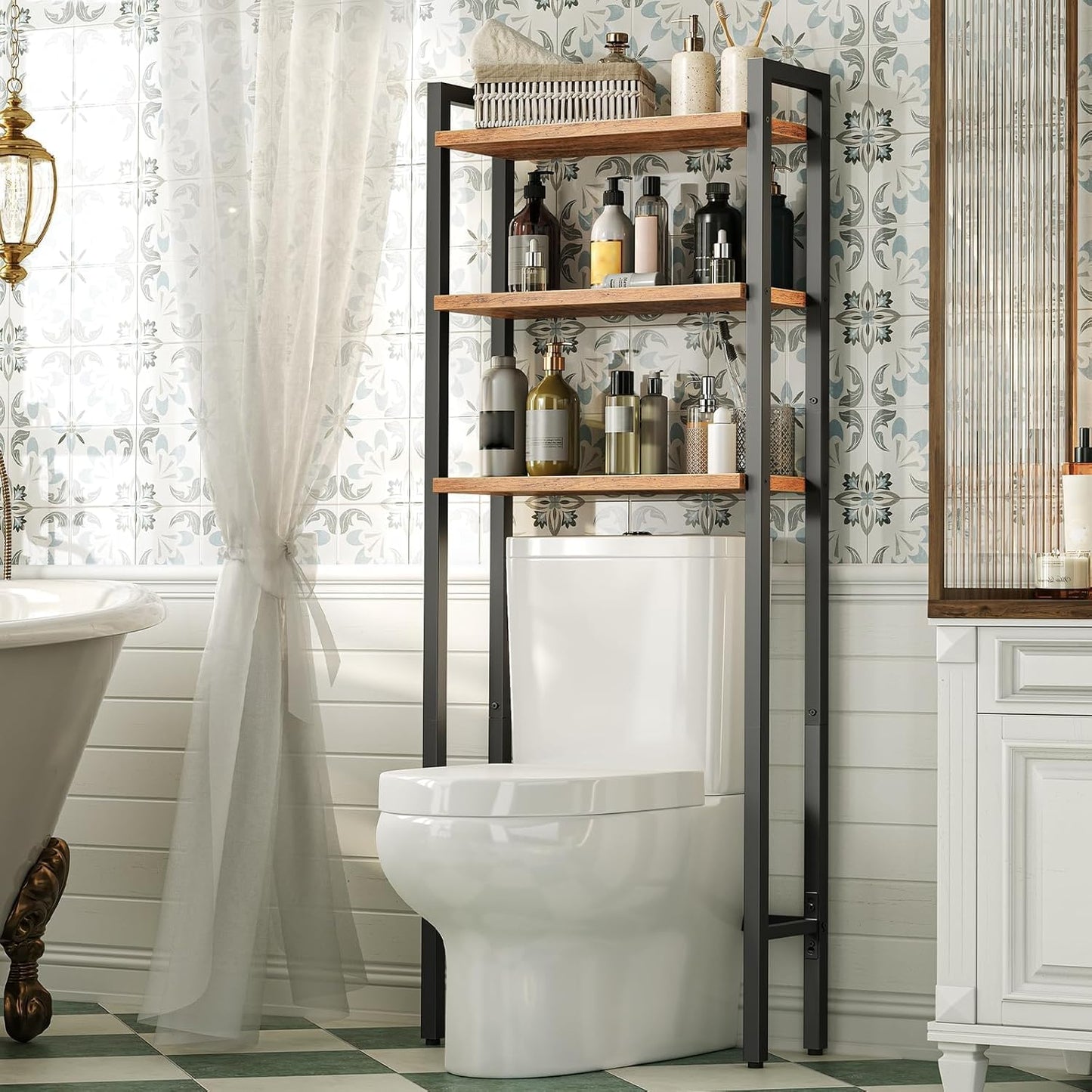 Signature Home Toiletkast / Badkamerrek met 3 planken, Wasmachinerek, Multifunctioneel industrieel rek, Retrostijl, Ruimtebesparend, Eenvoudig te monteren, Donkerbruin