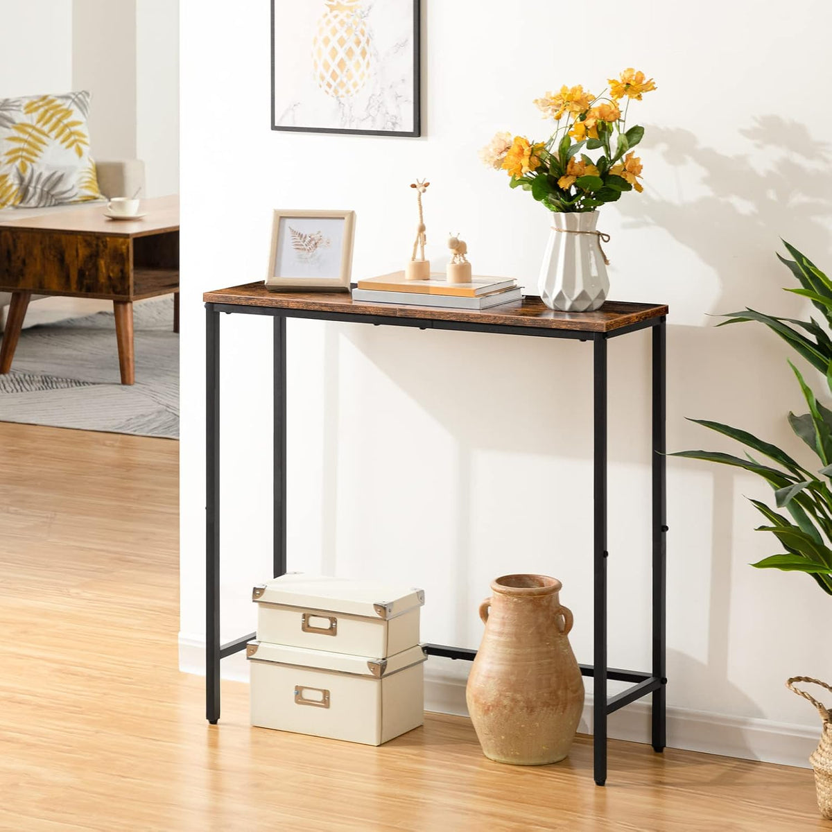 Signature Home Smalle Consoletafel 75 cm – Sidetable & Haltafel voor Kleine Ruimtes – Industriële Wandtafel / Banktafel voor Entree, Hal en Woonkamer – Donkerbruin/Zwart