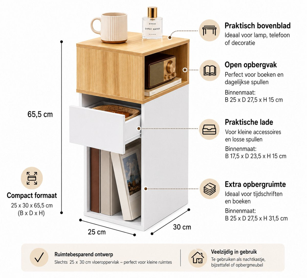 Signature home Nachtkastje Smal met Lade en Open Vakken – Klein Bedtafeltje met Opbergruimte – Bijzettafel voor Slaapkamer, Woonkamer en Kleine Ruimtes – Wit/Naturel - 25 x 30.5 x 65.5