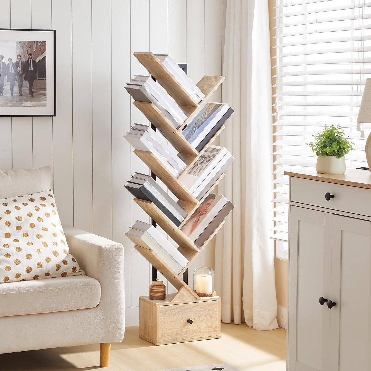Signature Home 9-Laags Boekenkast met Lade – Vrijstaande Boomvormige Boekenkast, DVD- en Opbergrek voor Woonkamer, Slaapkamer en Kantoor – Naturel Hout & Zwart**