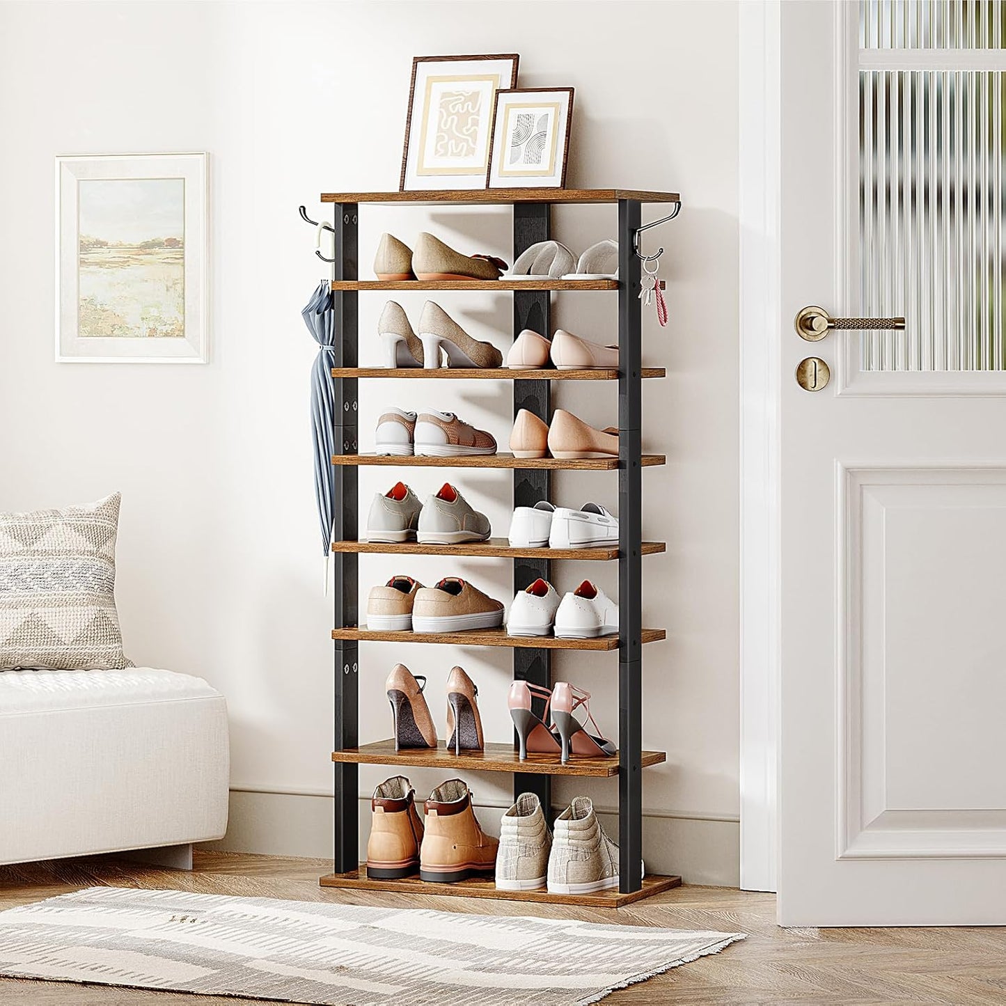 Signature Home Schoenenrek 8 Laags – Smal Schoenenrek 50 cm met 2 Haken – Ruimtebesparende Schoenenkast – Stevig Opbergrek voor Hal, Entree, Woonkamer en Slaapkamer