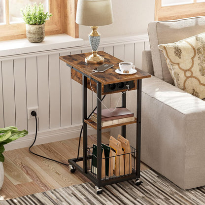 Signature Home Bijzettafel met Oplaadstation – Opklapbare C-Vormige Banktafel met Wielen en Opbergplank – Smalle Salontafel & Nachtkastje – Verrijdbare Bijzettafel voor Woonkamer en Slaapkamer – Donkerbruin