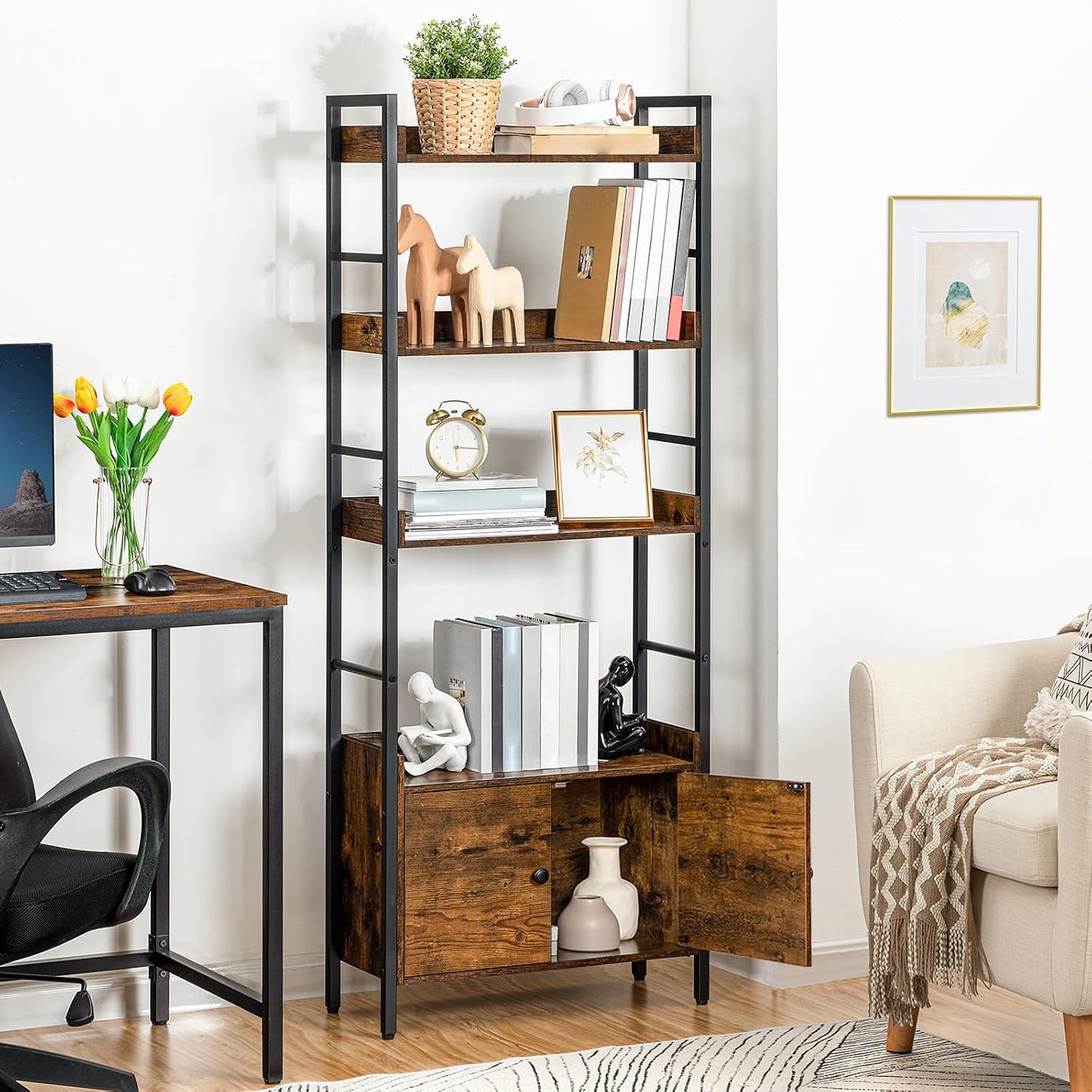 Signature Home Boekenkast met Deuren en 4 Niveaus – Industriële Staande Opbergkast met Open Planken – Stevige Opbergrek voor Woonkamer, Kantoor, Keuken, Werkkamer en Hal
