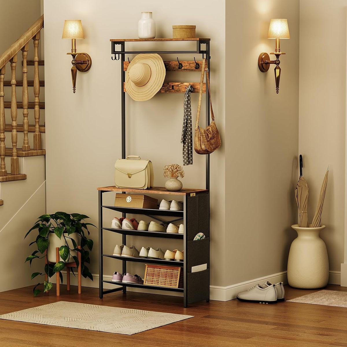 Signature Home Kapstok met Schoenenrek – 5-Laags Schoenenrek met Verstelbare Metalen Roosterplanken – Industriële Garderobe met Schoenenopslag – Stevig en Ruimtebesparend Opbergrek voor Hal, Entree en Slaapkamer – Vintage Bruin