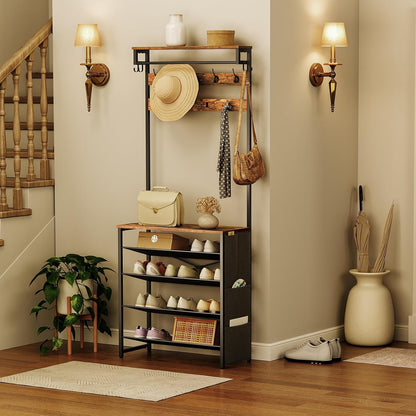 Signature Home Kapstok met Schoenenrek – 5-Laags Schoenenrek met Verstelbare Metalen Roosterplanken – Industriële Garderobe met Schoenenopslag – Stevig en Ruimtebesparend Opbergrek voor Hal, Entree en Slaapkamer – Vintage Bruin