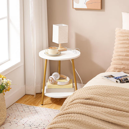 Signature Home Ronde Bijzettafel met Oplaadstation – Salontafel 2 Niveaus met Stopcontact en USB – Nachtkastje voor Kleine Ruimtes – Sofa Tafel voor Woonkamer en Slaapkamer – Wit/Goud