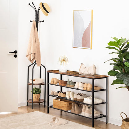Signature Home Schoenenrek 4 Laags – Schoenen Organizer met 3 Metalen Gaasplanken – Industriële Schoenenkast voor Hal, Entree en Slaapkamer – Stevig Opbergrek – Vintage Bruin