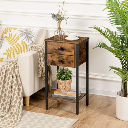 Signature Home Bijzettafel met 2 Lades en Opbergplanken – Hoge Telefoontafel en Nachtkastje – Smalle Sofatafel met Stevig Metalen Frame voor Woonkamer en Slaapkamer – Donkerbruin
