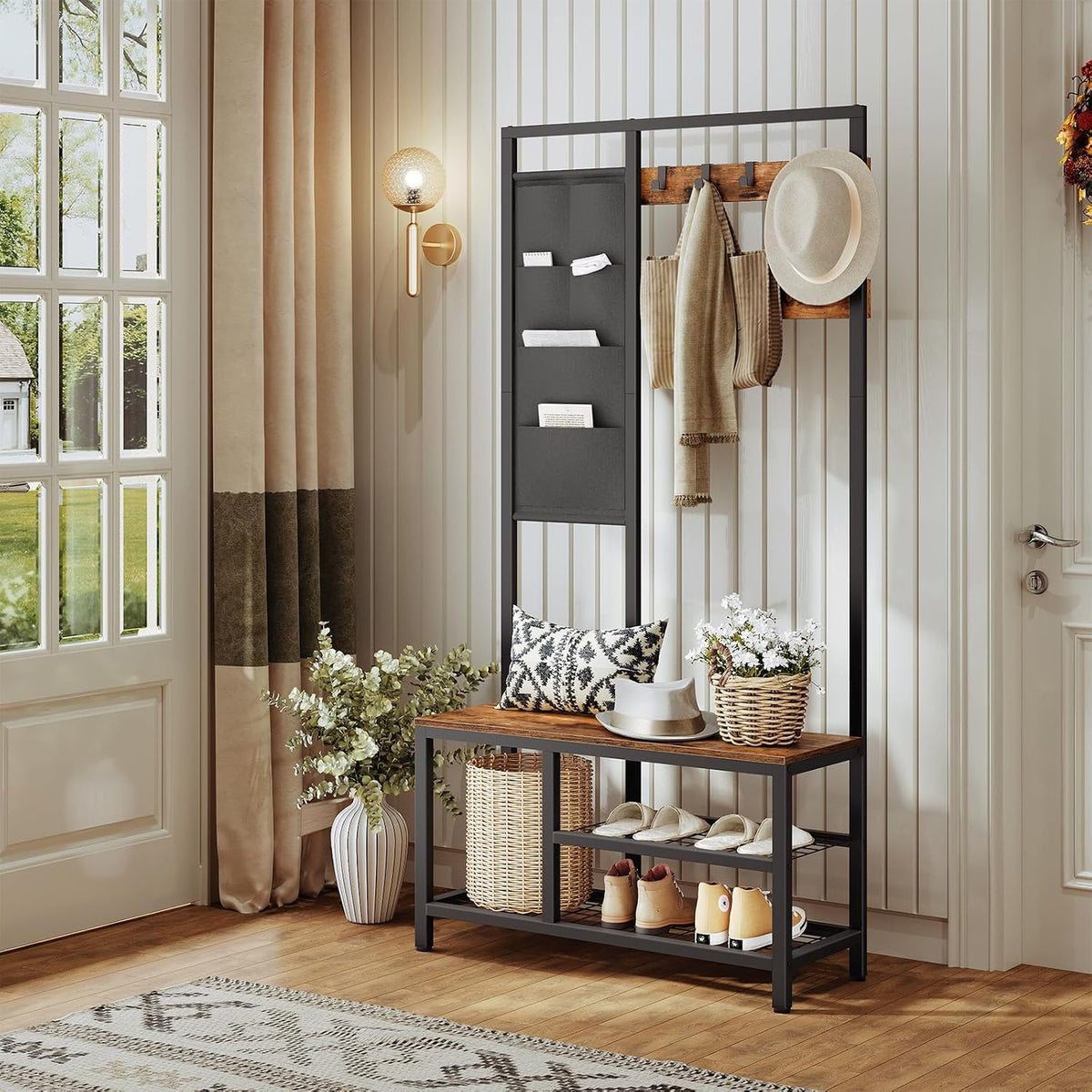 Signature Home Kapstok met Schoenenrek en Zitbank – Garderoberek met 9 Haken en 6 Opbergvakken – Schoenenbank met Opbergruimte – Staande Kapstok met Bankje – Industrieel Halmeubel voor Hal, Gang, Woonkamer en Slaapkamer – Vintage Bruin/Zwart