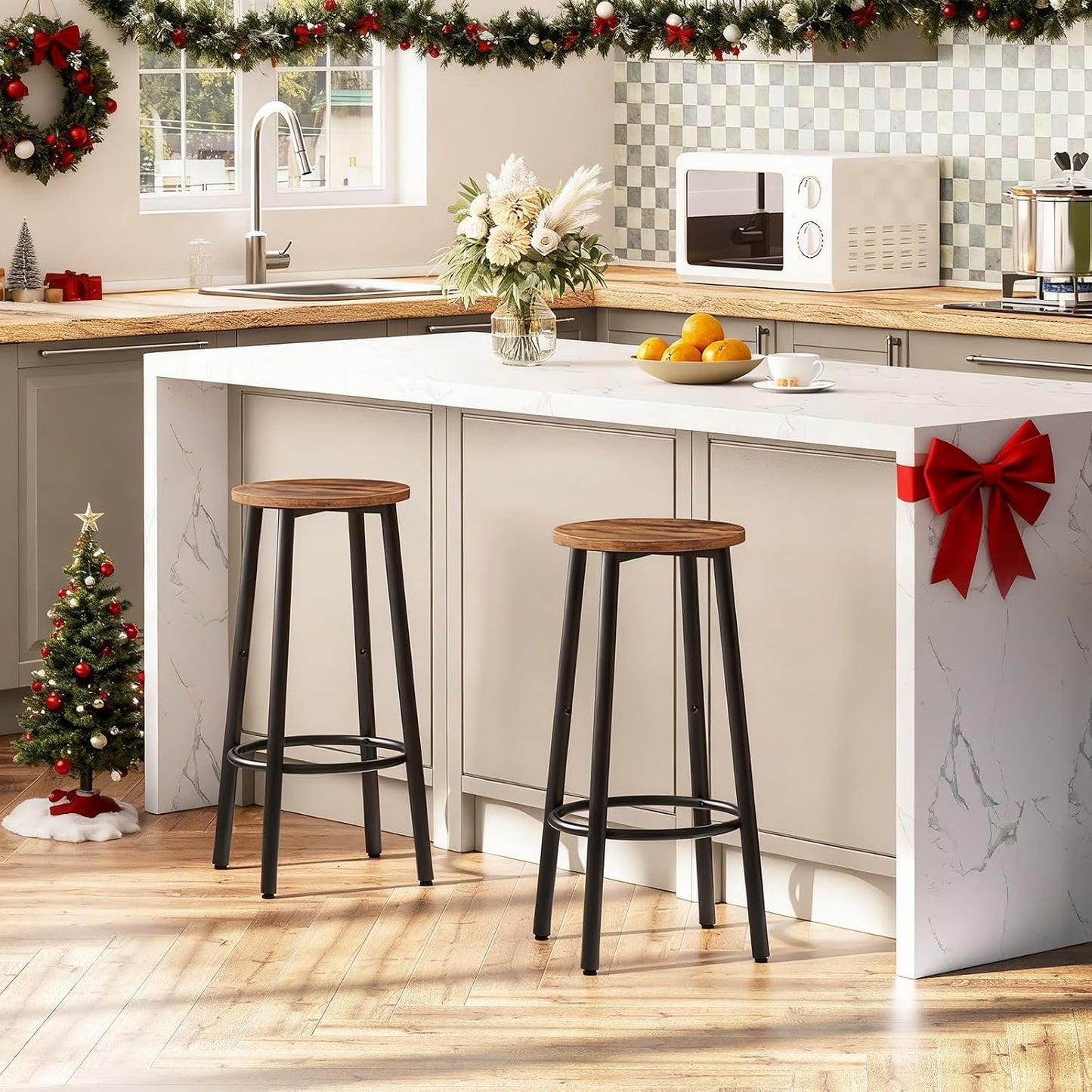 Signature Home Barkrukken Set van 2 – Ronde Ontbijtkrukken met Voetensteun, Stevig Metalen Frame, Industriële Barkrukken voor Keuken, Eetkamer, Bar en Feest, Rustiek Bruin