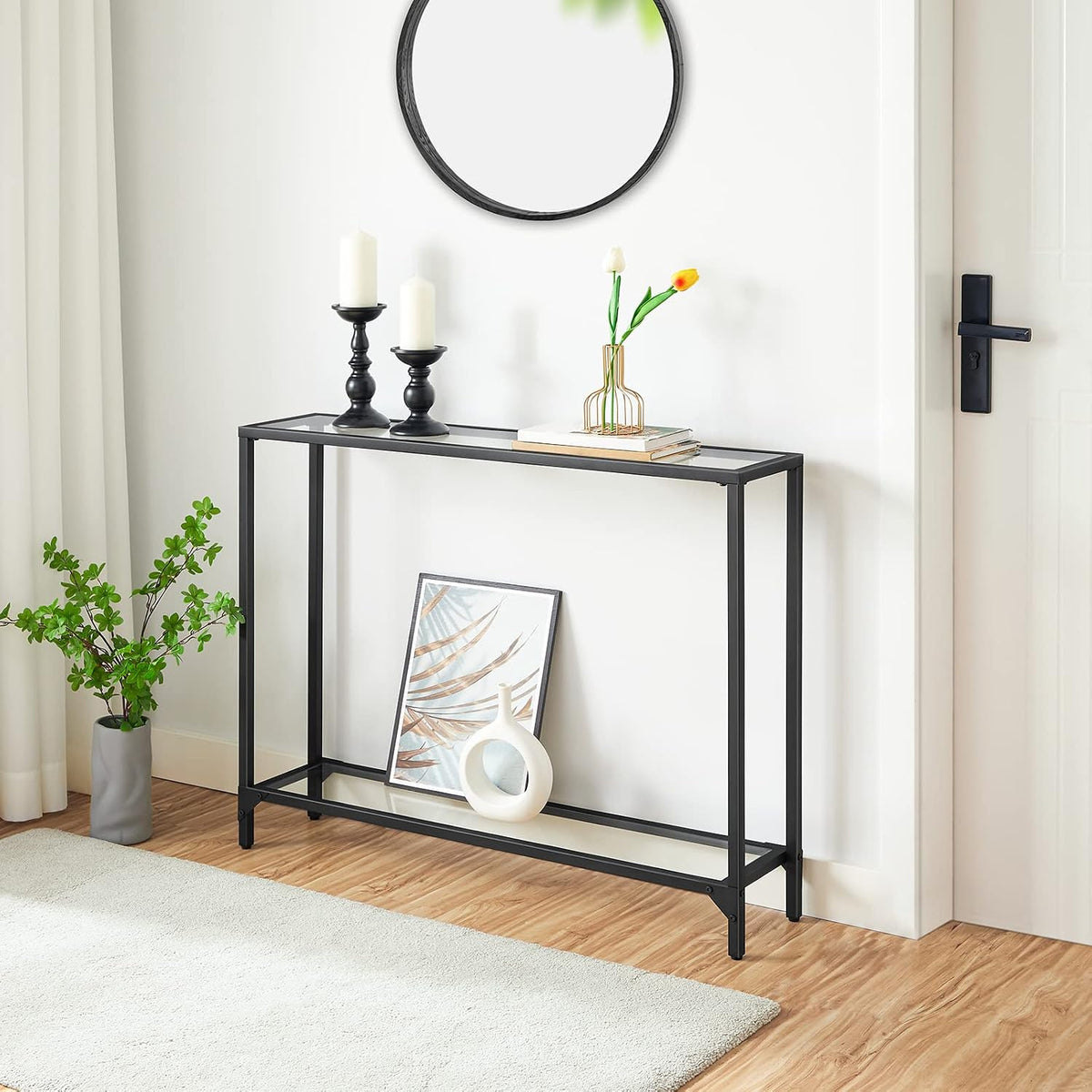 Signature Home Consoletafel met Planken – 100 cm Sidetable met Gehard Glazen Tafelblad – Smalle Haltafel & Bijzettafel – Moderne Opbergtafel voor Hal, Woonkamer en Entree
