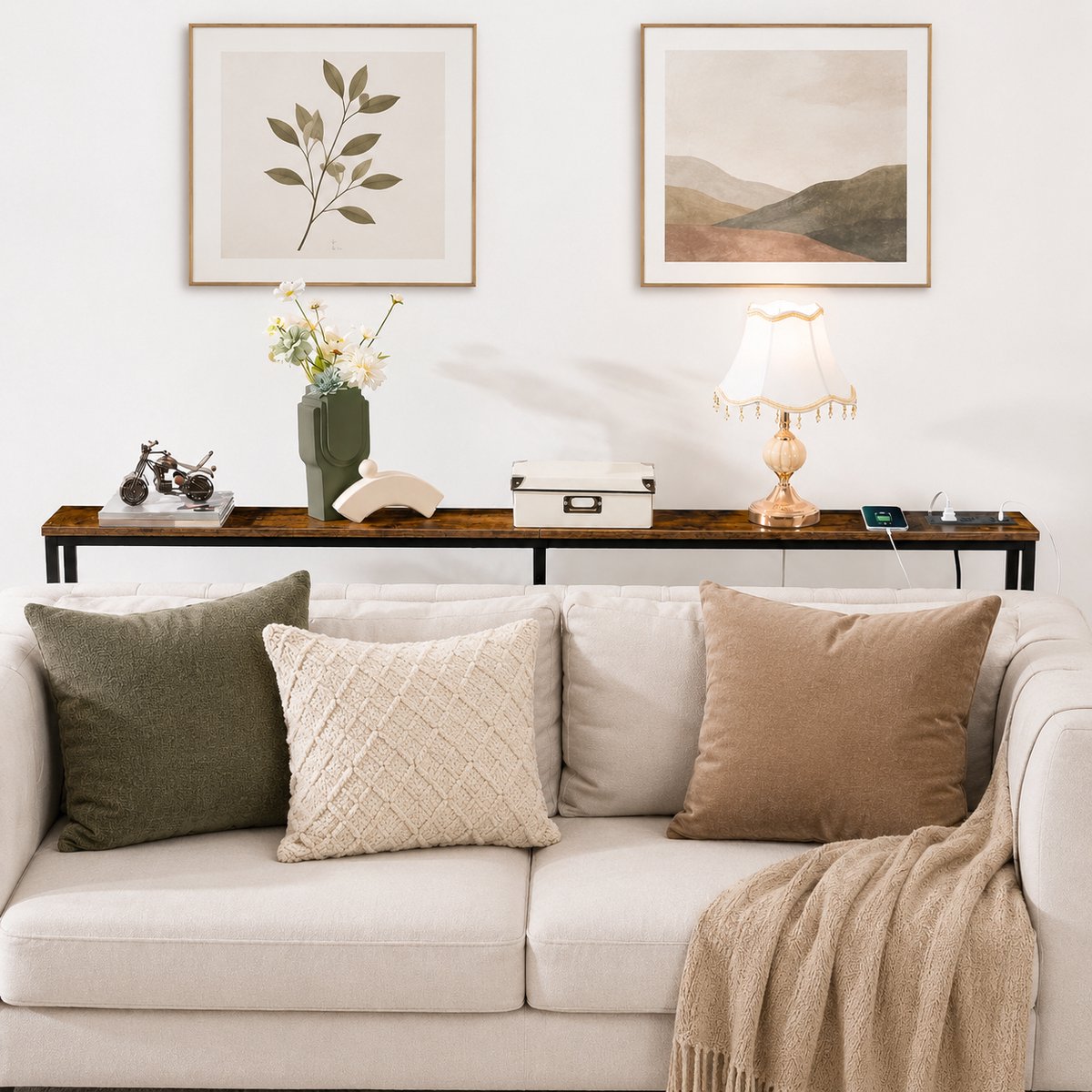 Signature Home Consoletafel - Console tafel - bijzettafel met Stopcontact 160 cm - Smalle Sidetable met Oplaadstation - Haltafel Achter Bank - Vintage Bruin/Zwart
