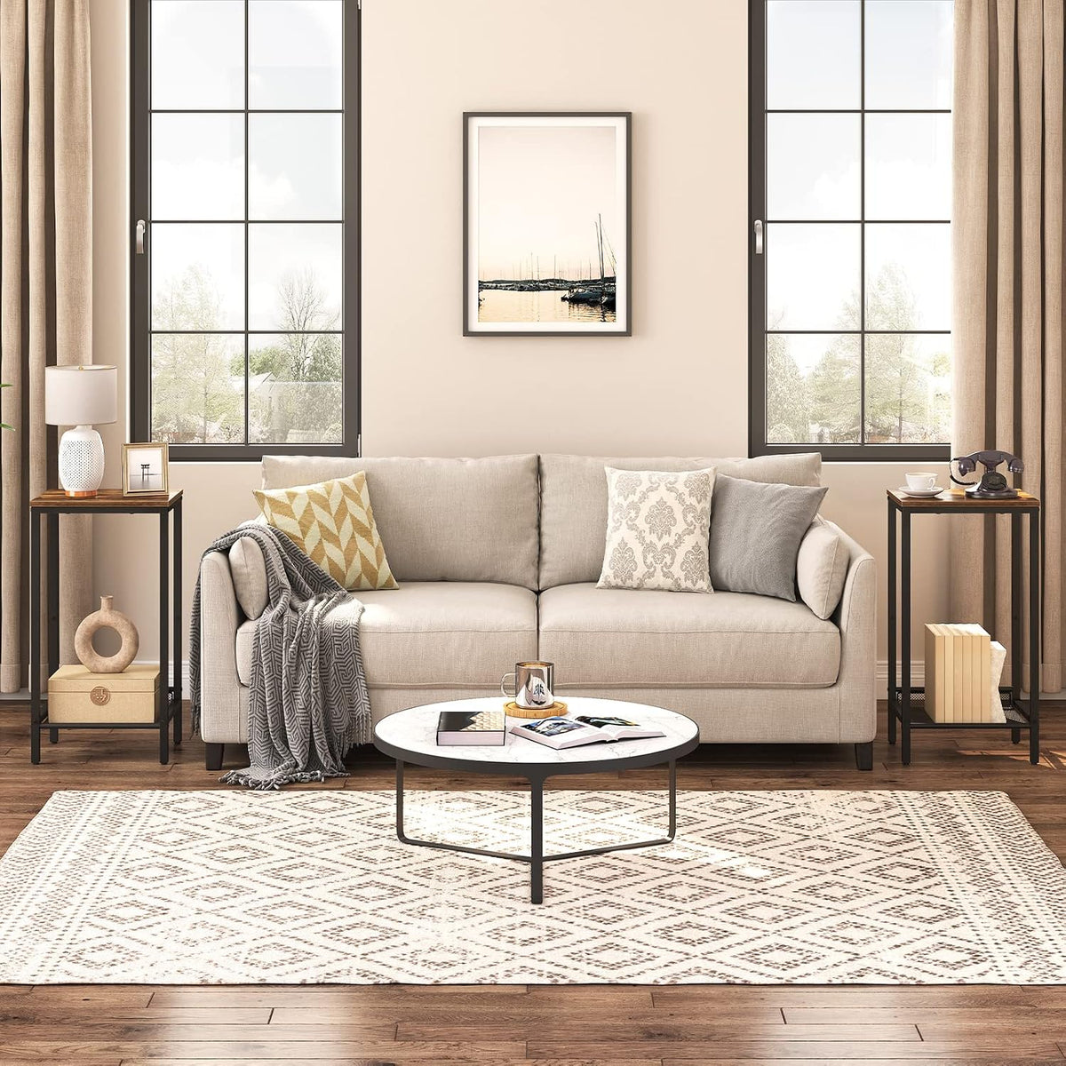 Signature Home Hoge Bijzettafel met Verstelbaar Metalen Roosterplank – Smalle Telefoontafel, Nachtkastje en Banktafel – Industriële Sidetable met Opbergruimte voor Woonkamer, Hal, Slaapkamer en Kantoor – 38 x 28 x 73,5 cm – Donkerbruin