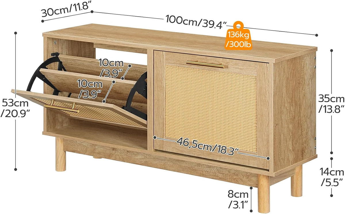 Signature Home Schoenenbank met Opbergruimte – Schoenenkast met 2 Kantelbare Lades en Verstelbare Planken – Schoenenopberger met Decoratieve Rotan Fronten en Metalen Handgrepen – Opbergbank voor Hal, Entree