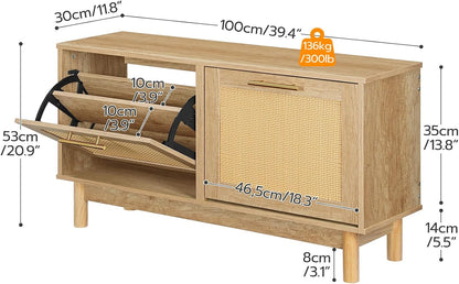 Signature Home Schoenenbank met Opbergruimte – Schoenenkast met 2 Kantelbare Lades en Verstelbare Planken – Schoenenopberger met Decoratieve Rotan Fronten en Metalen Handgrepen – Opbergbank voor Hal, Entree