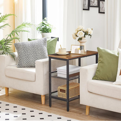 Signature Home 3-Laags Bijzettafel / Nachtkastje met 2 Verstelbare Schuine Planken – Smalle Salontafel met Opbergruimte voor Kleine Ruimtes, Hal, Woonkamer en Slaapkamer – Vintage Bruin/Zwart