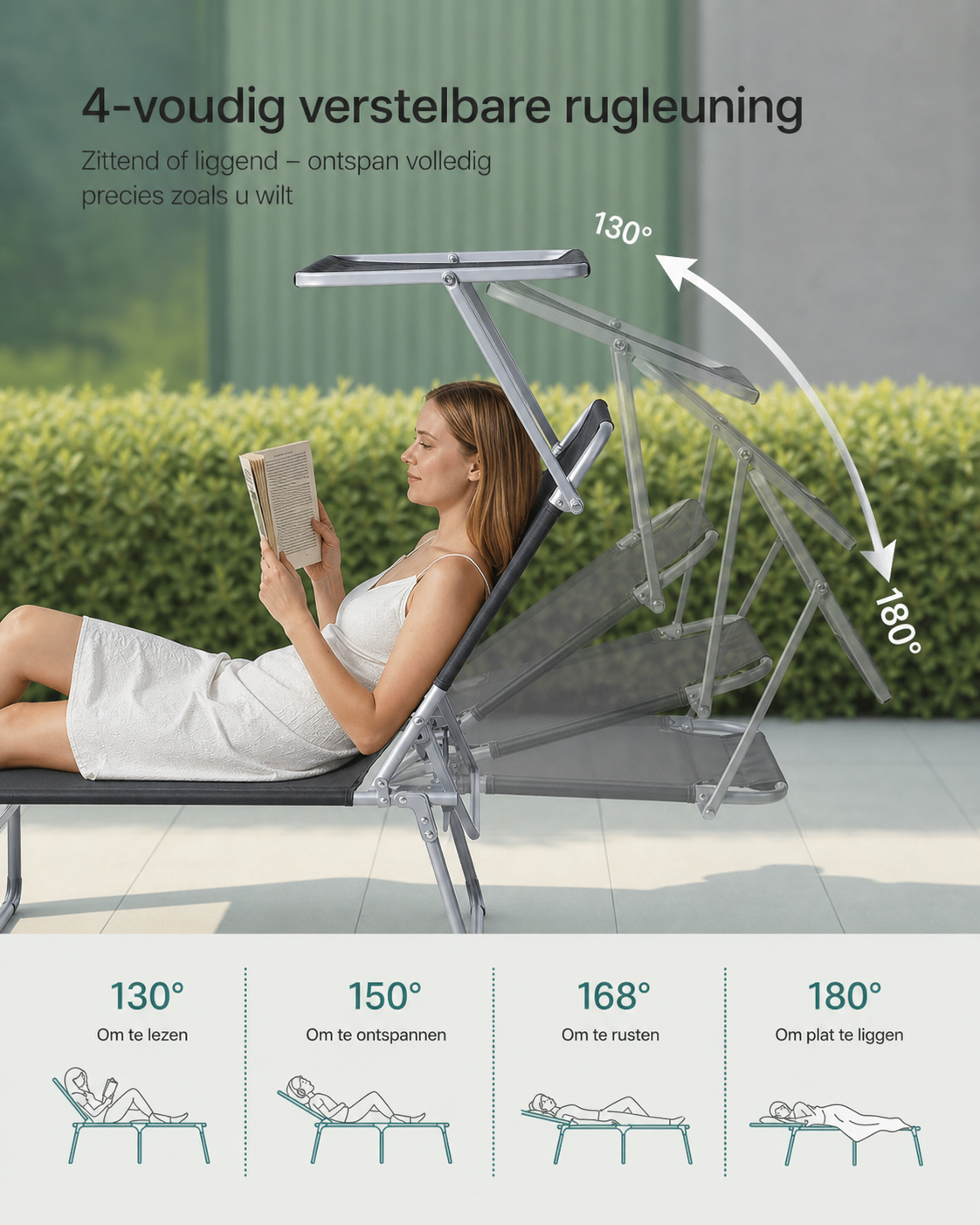 Signature Home Opvouwbaar Zonneligbed 189 x 53 x 28,5 cm met Verstelbare Rugleuning en Zonnescherm – Comfortabele Ligstoel voor Tuin, Strand en Camping