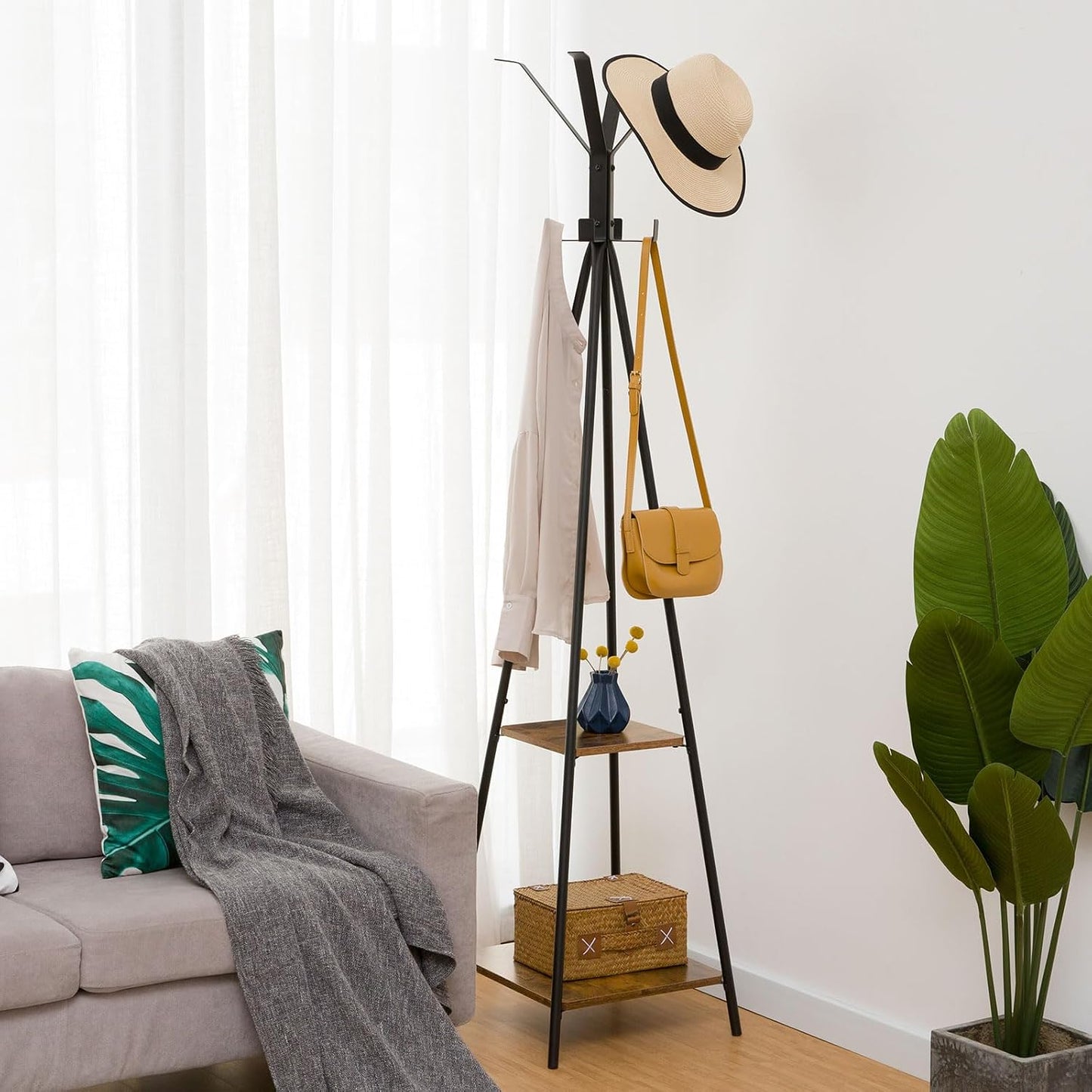 Signature Home Vrijstaande Kapstok – Kledingstandaard met 8 Kledinghaken en 2 Opbergplanken – 42 × 42 × 179 cm – Stevig Metalen Garderoberek voor Jassen, Tassen & Hoeden – Vintage Stijl