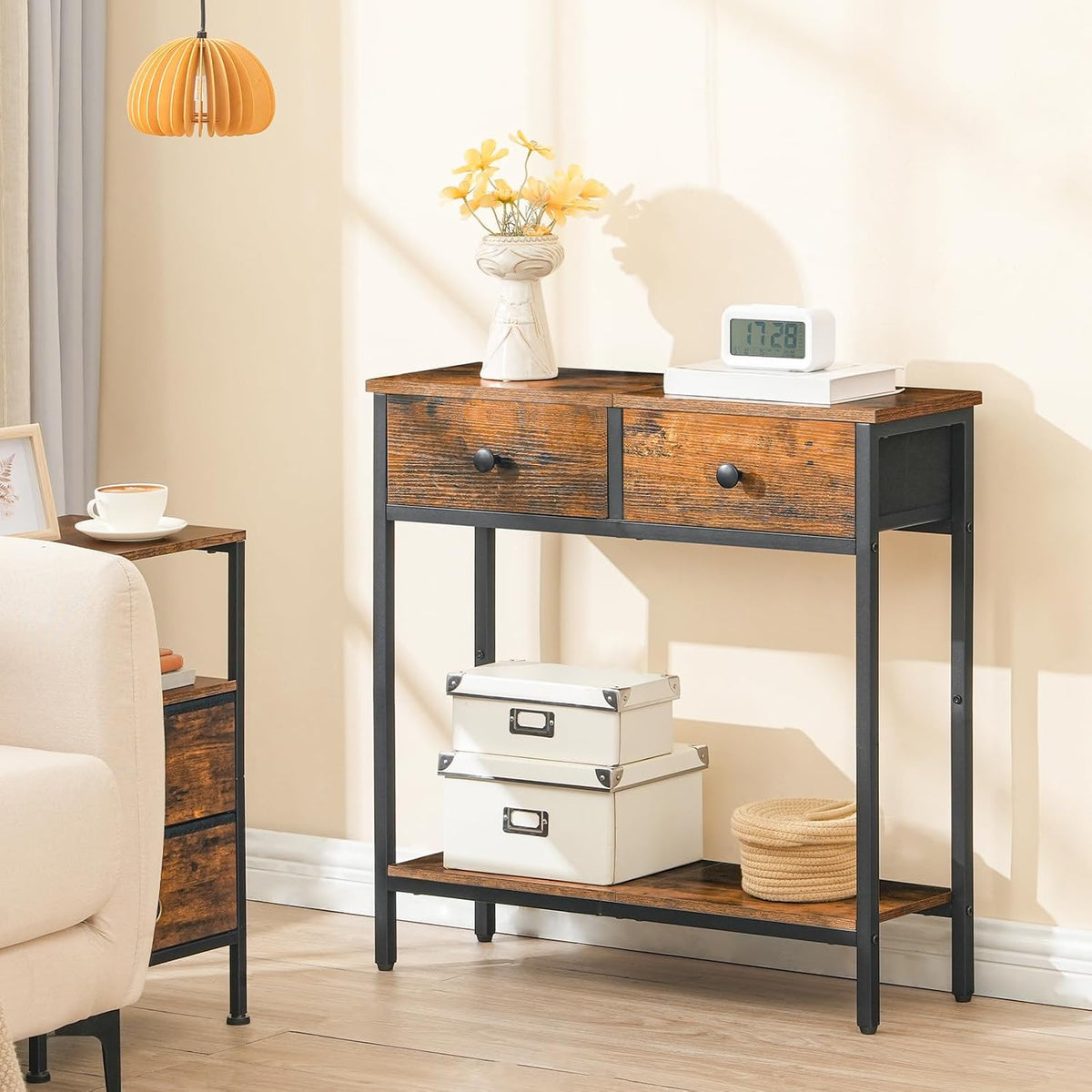 Signature Home Sidetable met 2 Stoffen Lades – Smalle Consoletafel 75 cm – Industriële Haltafel en Wandtafel – Opbergtafel voor Hal, Entree, Woonkamer en Slaapkamer – Vintage Bruin/Zwart