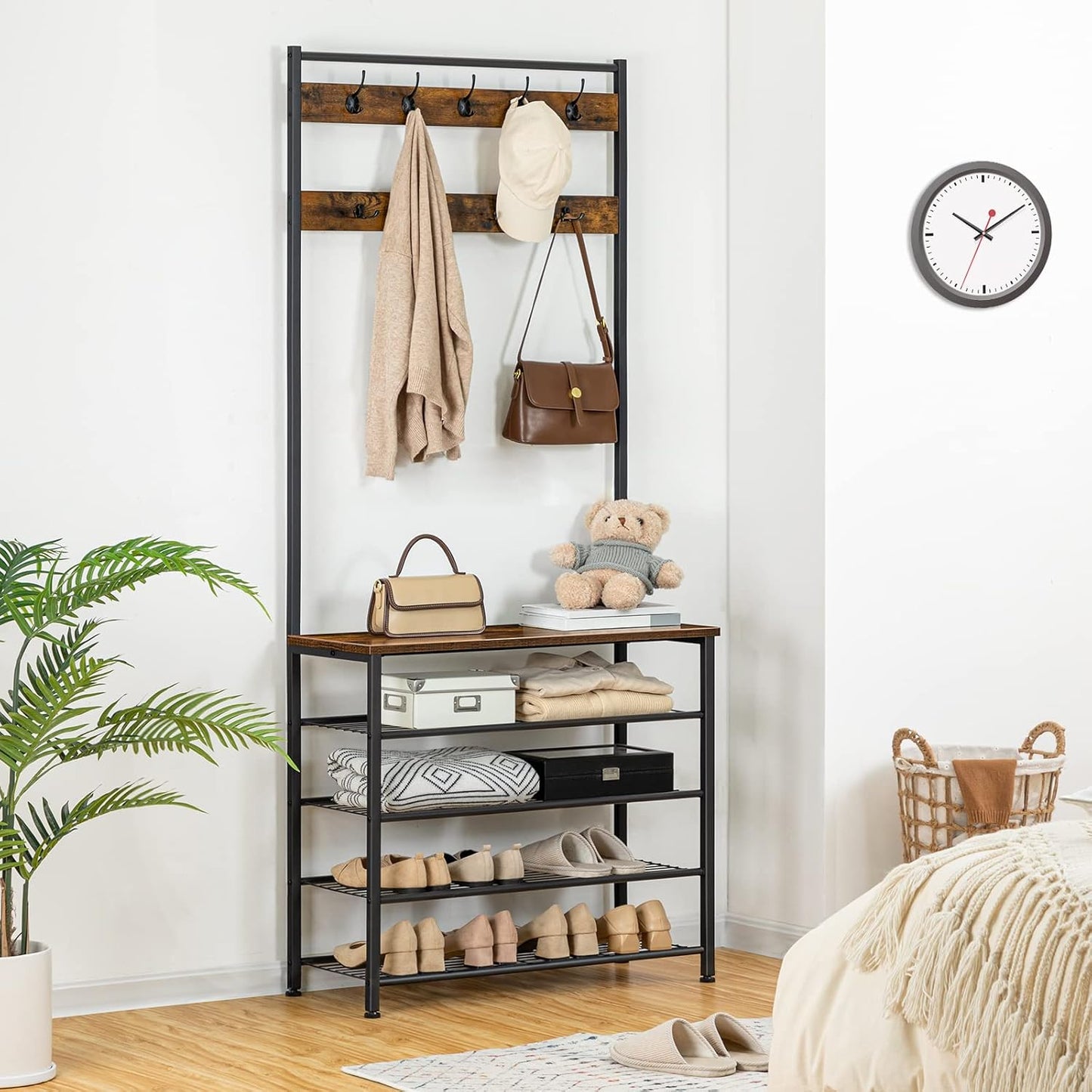 Signature Home Kapstok met Schoenenrek 5 Niveaus – Kledingrek met Garderobe, Vrijstaande Kapstok voor Hal, Entree en Gang, Industrieel Design, Donkerbruin/Zwart