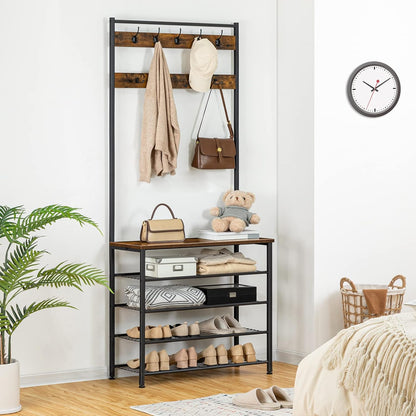 Signature Home Kapstok met Schoenenrek 5 Niveaus – Kledingrek met Garderobe, Vrijstaande Kapstok voor Hal, Entree en Gang, Industrieel Design, Donkerbruin/Zwart