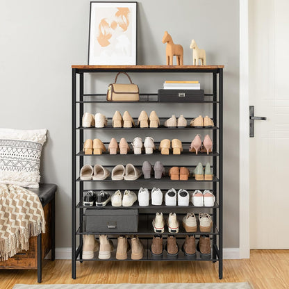 Signature Home Schoenenrek 8 Laags – Hoge Smalle Schoenenkast voor 32-40 Paar Schoenen – Verstelbare Rechte & Schuine Metalen Planken – 100 x 30 x 137 cm – Schoenenopberger voor Hal en Entree – Donkerbruin/Zwart