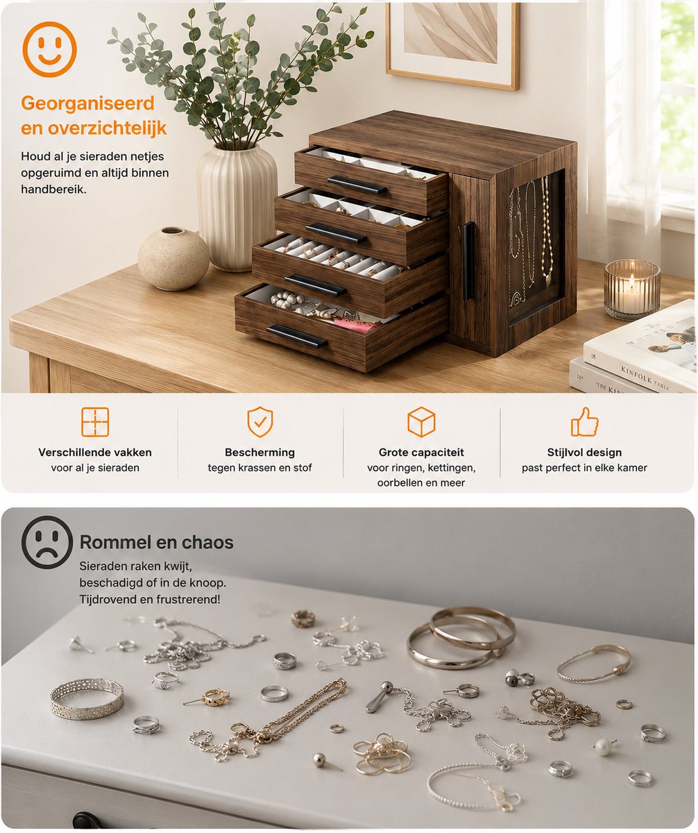 Signature Home Sieradendoos Dames – Houten Juwelenkist met Transparant Deksel – Sieraden Organizer met Laden – Opbergdoos voor Ringen - Oorbellen - Kettingen & Armbanden – Bruin – 27 x 16 x 18 cm