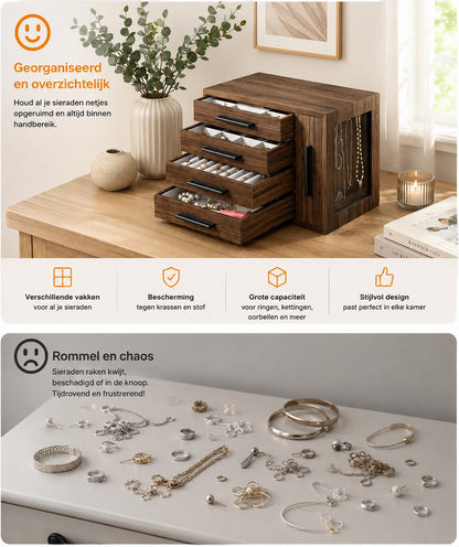 Signature Home Sieradendoos Dames – Houten Juwelenkist met Transparant Deksel – Sieraden Organizer met Laden – Opbergdoos voor Ringen - Oorbellen - Kettingen & Armbanden – Bruin – 27 x 16 x 18 cm