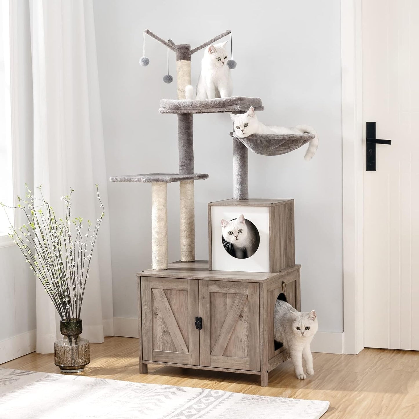 Signaature Home Kattenkrabpaal met Kattenbakmeubel 2-in-1 – 150 cm Hoge Kattenboom met Verborgen Kattenbak, Sisalpalen, Uitneembare Pluche Bal en Kast – Greige