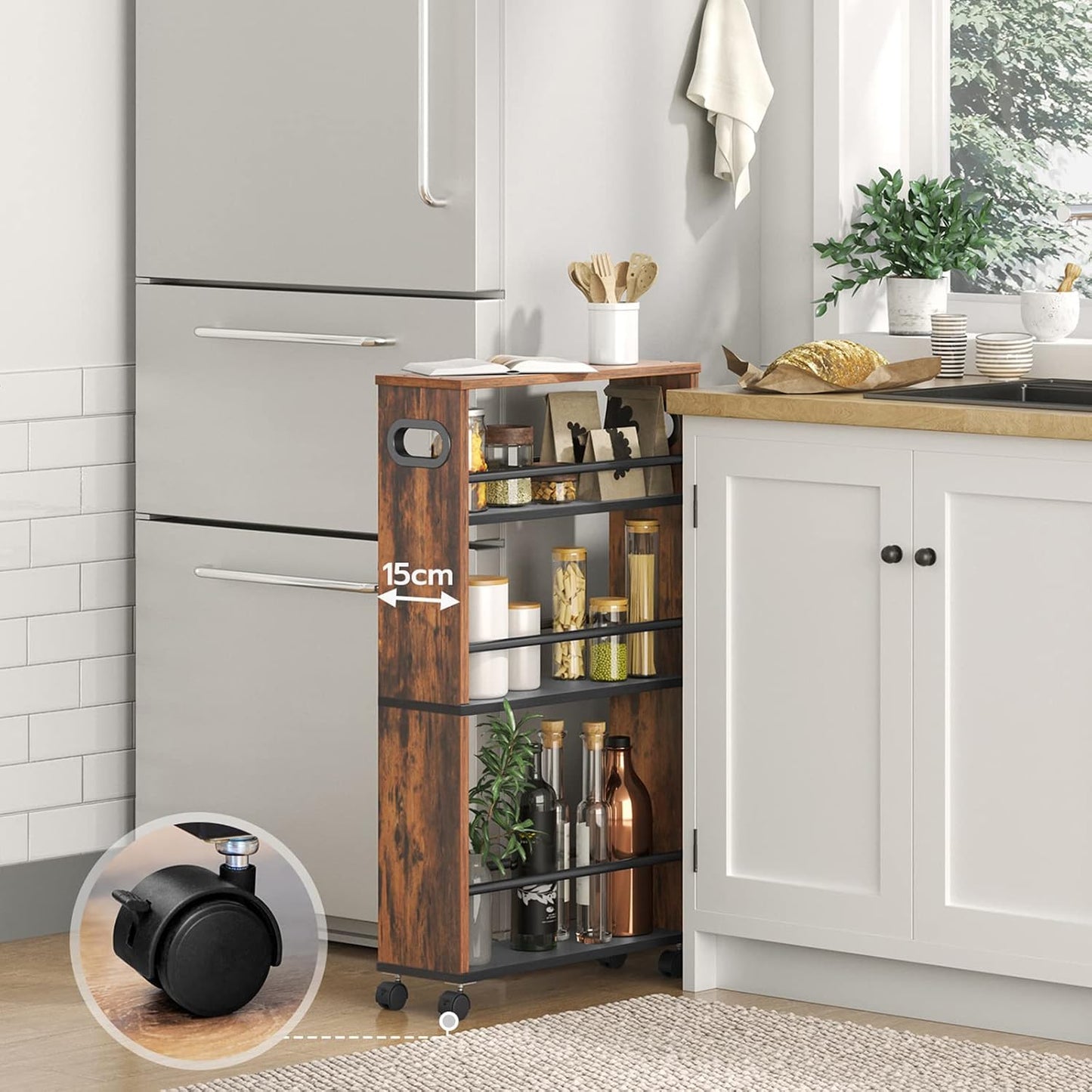 Signature Home Smalle Keukentrolley 4-Laags – Verrijdbare Serveerwagen 45 x 15 x 80 cm – Keukenrek met 360° Draaibare Wielen en Opstaande Randen – Opbergtrolley voor Keuken, Badkamer & Woonkamer – Donkerbruin